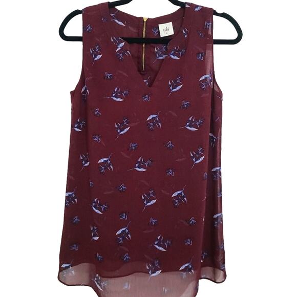 Cabi Womens Sz XS Burgundy Bluee Icy Floral Bouquet Sleeveless Tank Blouse - Picture 1 of 4